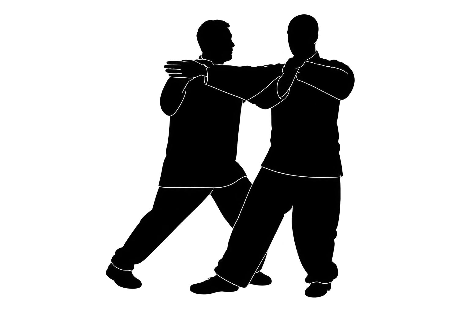 Silhouette of two people practicing Tai Chi partner work
