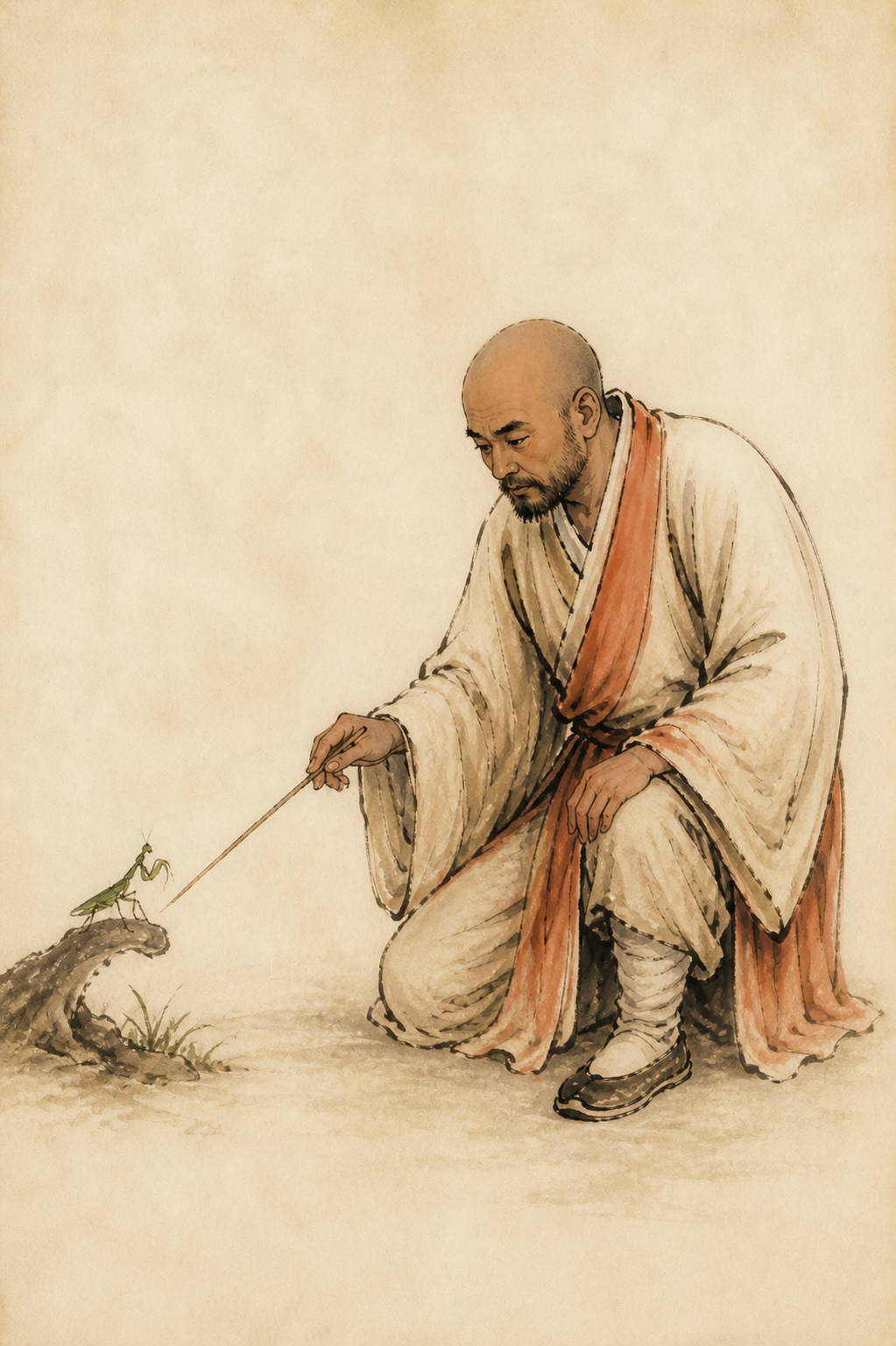 Wang Lang observing a praying mantis beside a reed