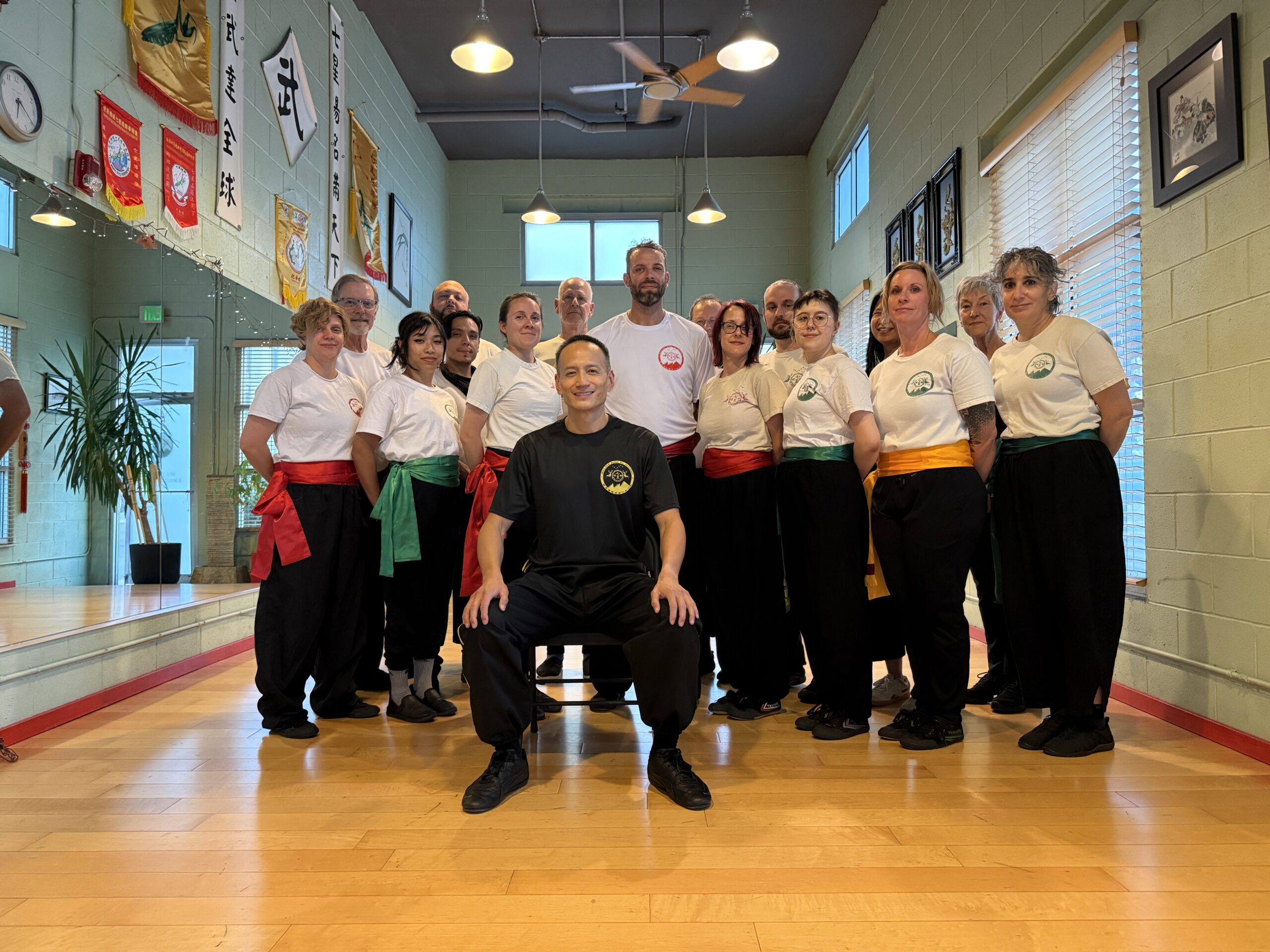 Students and teachers of Boulder Kung Fu Academy gathered in the training hall